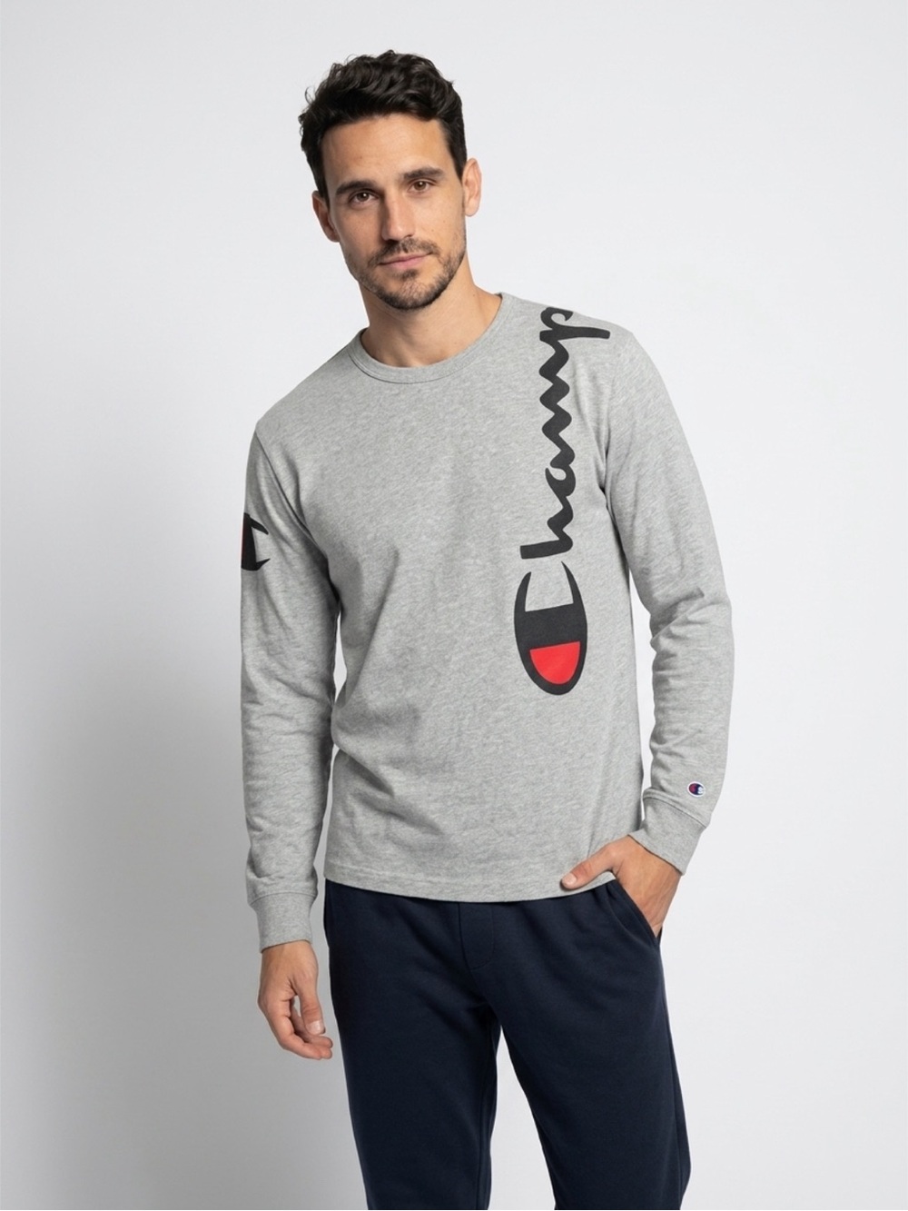 Vintage Champion Grey Long-Sleeve Crew with Vertical Logo